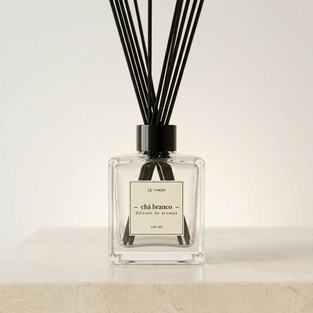 Frasco de vidro transparente do Difusor de Aromas de Varetas 200ml Le' Vhemi com varetas de fibra pretas e rótulo minimalista.