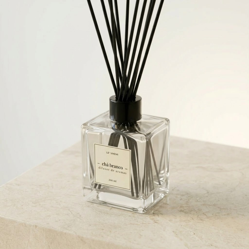 Detalhe das varetas de fibra de algodão e do gargalo do frasco de vidro do Difusor de Aromas Le' Vhemi.