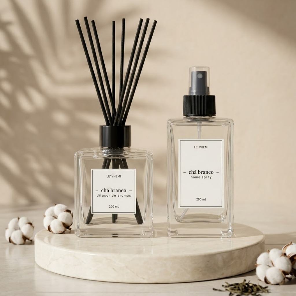 Frascos de vidro do Kit Difusor de Aromas de Varetas e Home Spray Le' Vhemi dispostos lado a lado com rótulos minimalistas e varetas pretas.